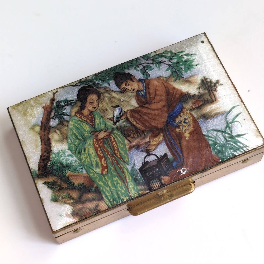 Vintage Brass Pill Box Enamel Asian Japanese Geisha Scene Figures Nature 3.25"